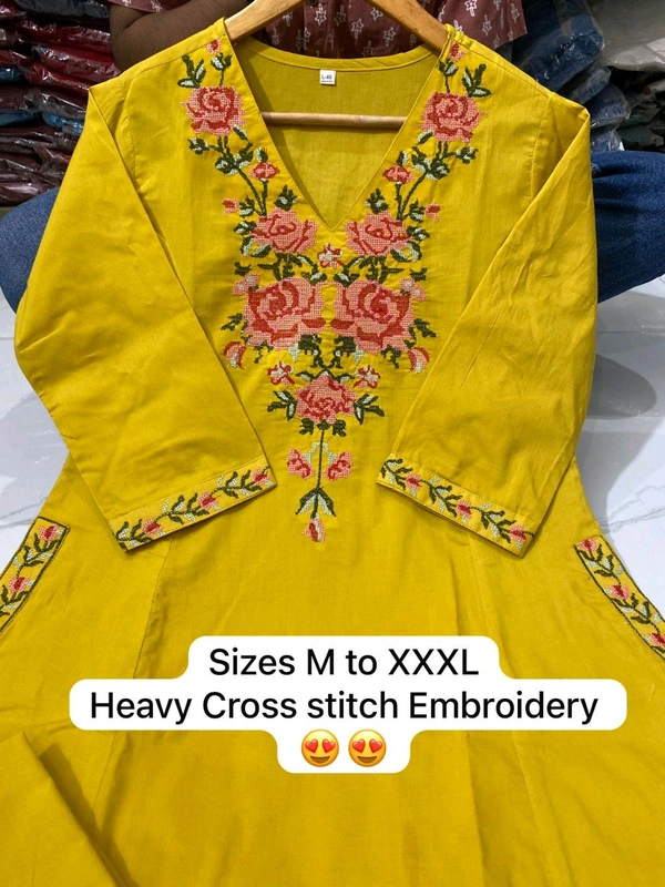 LCW 5793 New Pure Cotton Kurti Pant Set Cross Stitch Heavy Embriodery Both side pocket in kurti with embroidery  - Yellow, XL-42