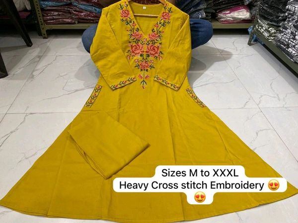 LCW 5793 New Pure Cotton Kurti Pant Set Cross Stitch Heavy Embriodery Both side pocket in kurti with embroidery  - Yellow, 2XL-44