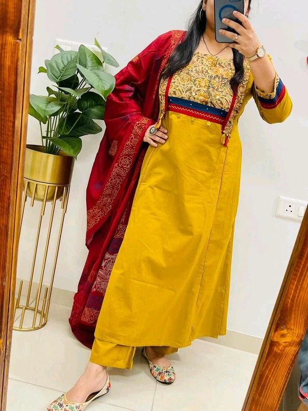 SF5  5797 NEW HANDWORK PURe HEAVY COTTON KURTI PANT DUPATTA SET  - Yellow, 2XL-44