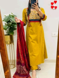 SF5  5797 NEW HANDWORK PURe HEAVY COTTON KURTI PANT DUPATTA SET  - Yellow, 3XL-46