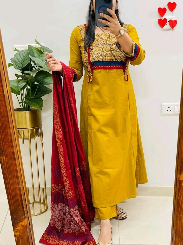 SF5  5797 NEW HANDWORK PURe HEAVY COTTON KURTI PANT DUPATTA SET  - Yellow, 3XL-46