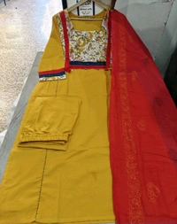 SF5  5797 NEW HANDWORK PURe HEAVY COTTON KURTI PANT DUPATTA SET  - Yellow, 3XL-46