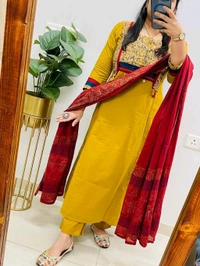 SF5  5797 NEW HANDWORK PURe HEAVY COTTON KURTI PANT DUPATTA SET  - Yellow, M-38