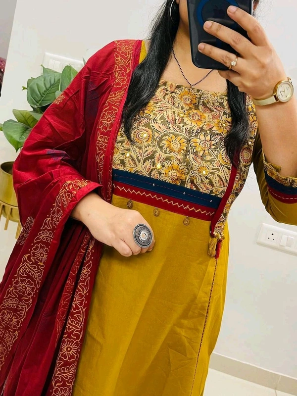 SF5  5797 NEW HANDWORK PURe HEAVY COTTON KURTI PANT DUPATTA SET  - Yellow, 2XL-44