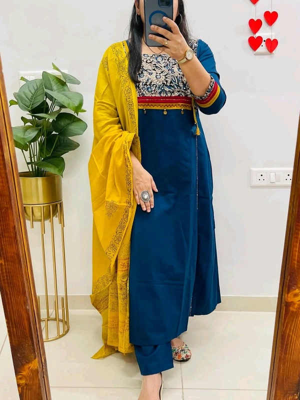 SF5  5797 NEW HANDWORK PURe HEAVY COTTON KURTI PANT DUPATTA SET  - Blue, M-38