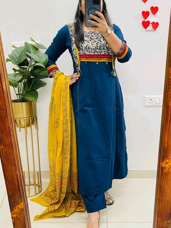 SF5  5797 NEW HANDWORK PURe HEAVY COTTON KURTI PANT DUPATTA SET  - Blue, L-40