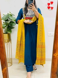 SF5  5797 NEW HANDWORK PURe HEAVY COTTON KURTI PANT DUPATTA SET  - Blue, L-40