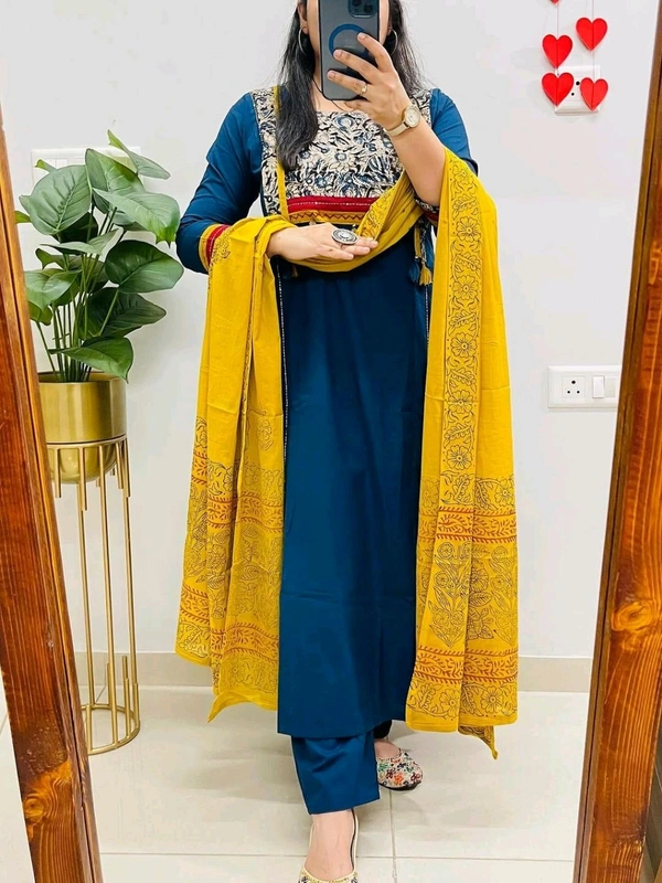 SF5  5797 NEW HANDWORK PURe HEAVY COTTON KURTI PANT DUPATTA SET  - Blue, L-40