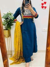 SF5  5797 NEW HANDWORK PURe HEAVY COTTON KURTI PANT DUPATTA SET  - Blue, XL-42