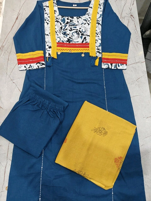 SF5  5797 NEW HANDWORK PURe HEAVY COTTON KURTI PANT DUPATTA SET  - Blue, XL-42
