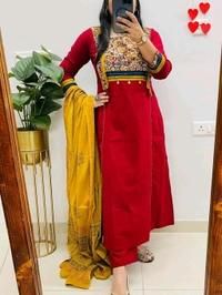 SF5  5797 NEW HANDWORK PURe HEAVY COTTON KURTI PANT DUPATTA SET  - Red, L-40