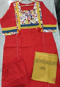 SF5  5797 NEW HANDWORK PURe HEAVY COTTON KURTI PANT DUPATTA SET  - Red, XL-42