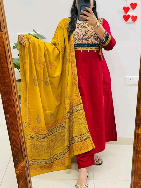 SF5  5797 NEW HANDWORK PURe HEAVY COTTON KURTI PANT DUPATTA SET  - Red, 3XL-46