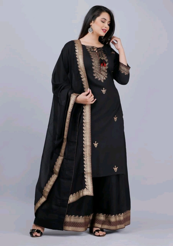 SF5  5799 HEAVY RAYON KURTI PLAZO WITH PREMIUM COTTON DUPATTA EMBROIDERY WORK  - Black, L-40