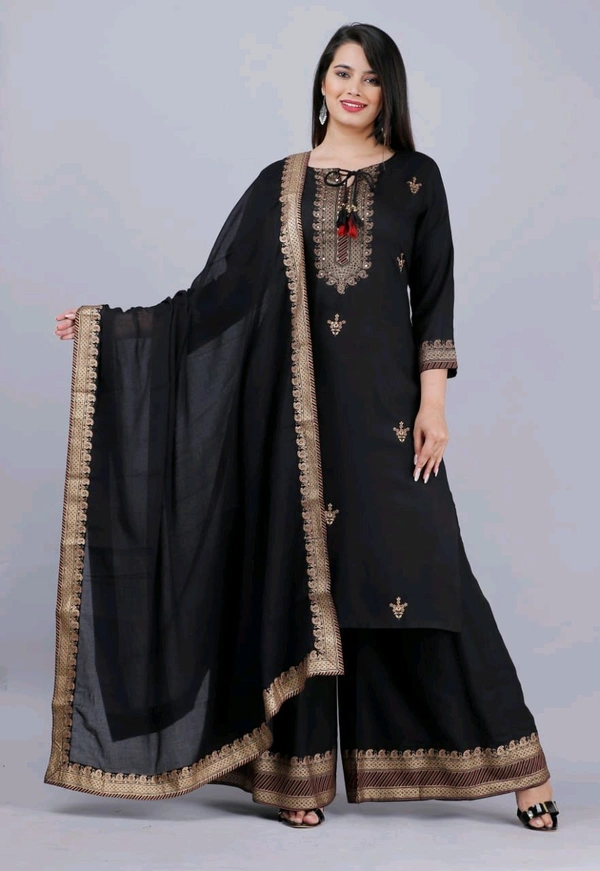 SF5  5799 HEAVY RAYON KURTI PLAZO WITH PREMIUM COTTON DUPATTA EMBROIDERY WORK  - Black, XL-42