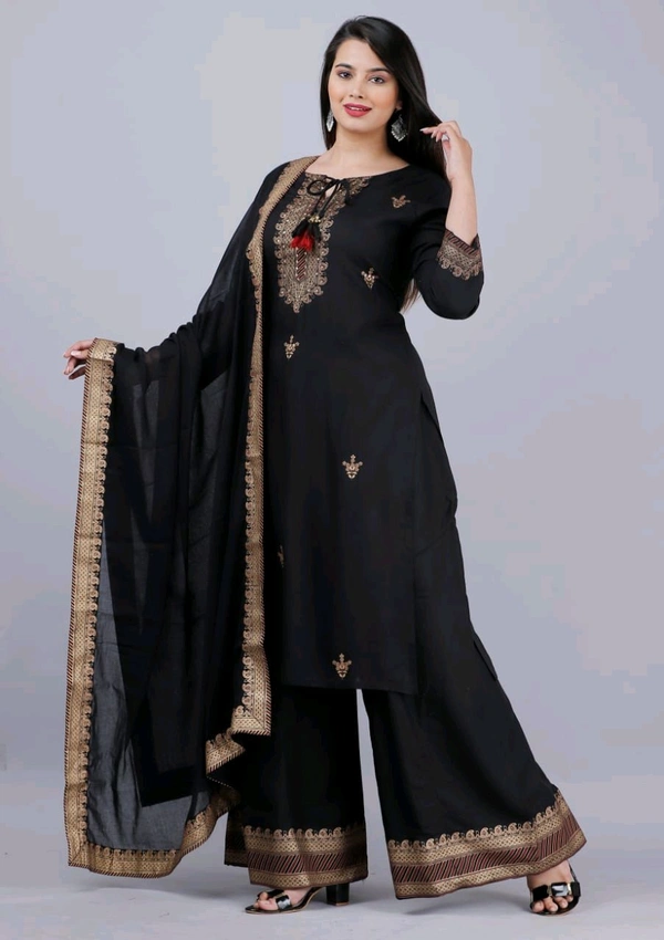 SF5  5799 HEAVY RAYON KURTI PLAZO WITH PREMIUM COTTON DUPATTA EMBROIDERY WORK  - Black, XL-42