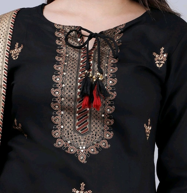 SF5  5799 HEAVY RAYON KURTI PLAZO WITH PREMIUM COTTON DUPATTA EMBROIDERY WORK  - Black, 2XL-44