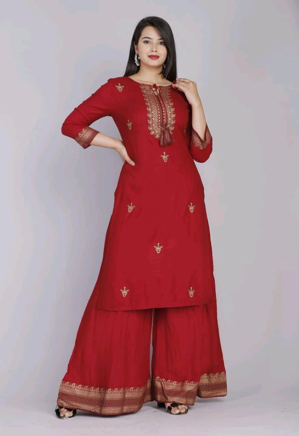 SF5  5799 HEAVY RAYON KURTI PLAZO WITH PREMIUM COTTON DUPATTA EMBROIDERY WORK  - Red, M-38