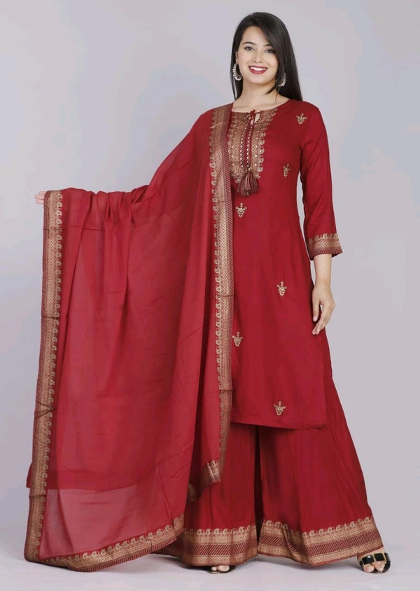 SF5  5799 HEAVY RAYON KURTI PLAZO WITH PREMIUM COTTON DUPATTA EMBROIDERY WORK  - Red, XL-42