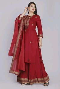 SF5  5799 HEAVY RAYON KURTI PLAZO WITH PREMIUM COTTON DUPATTA EMBROIDERY WORK  - Red, 33XL-46