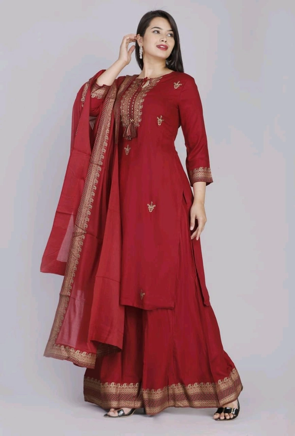 SF5  5799 HEAVY RAYON KURTI PLAZO WITH PREMIUM COTTON DUPATTA EMBROIDERY WORK  - Red, 33XL-46