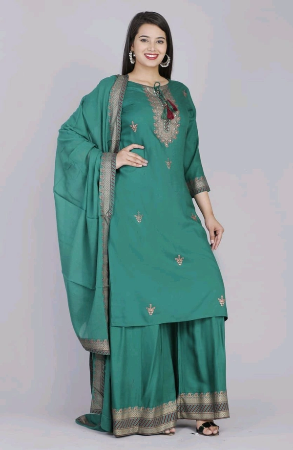 SF5  5799 HEAVY RAYON KURTI PLAZO WITH PREMIUM COTTON DUPATTA EMBROIDERY WORK  - Green, M-38