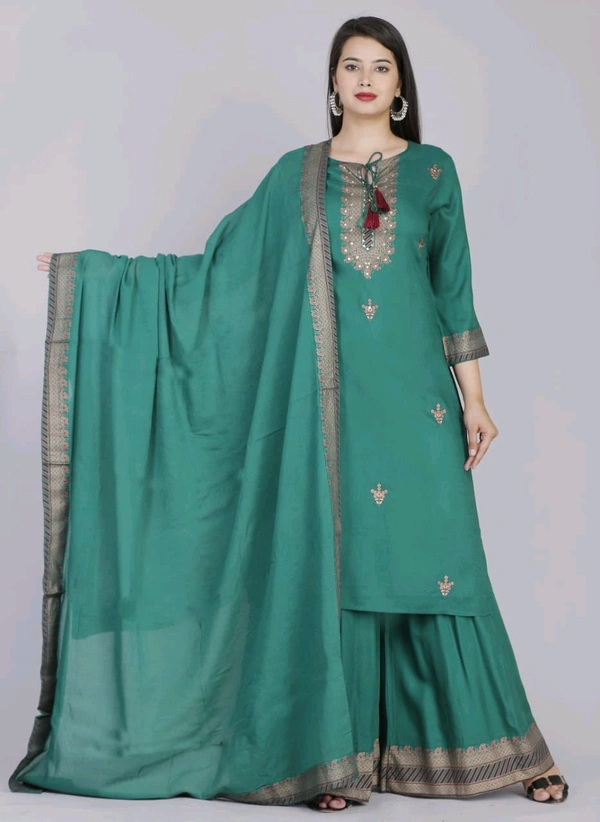 SF5  5799 HEAVY RAYON KURTI PLAZO WITH PREMIUM COTTON DUPATTA EMBROIDERY WORK  - Green, L-40