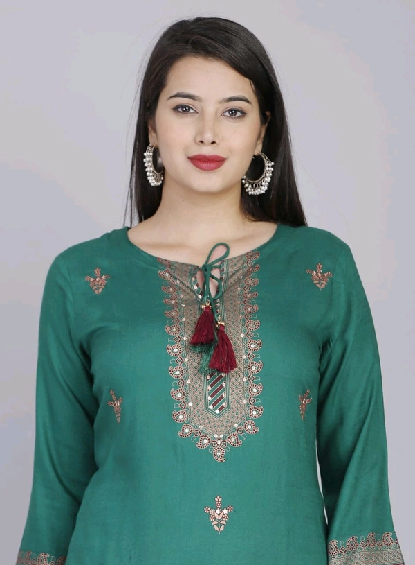SF5  5799 HEAVY RAYON KURTI PLAZO WITH PREMIUM COTTON DUPATTA EMBROIDERY WORK  - Green, L-40