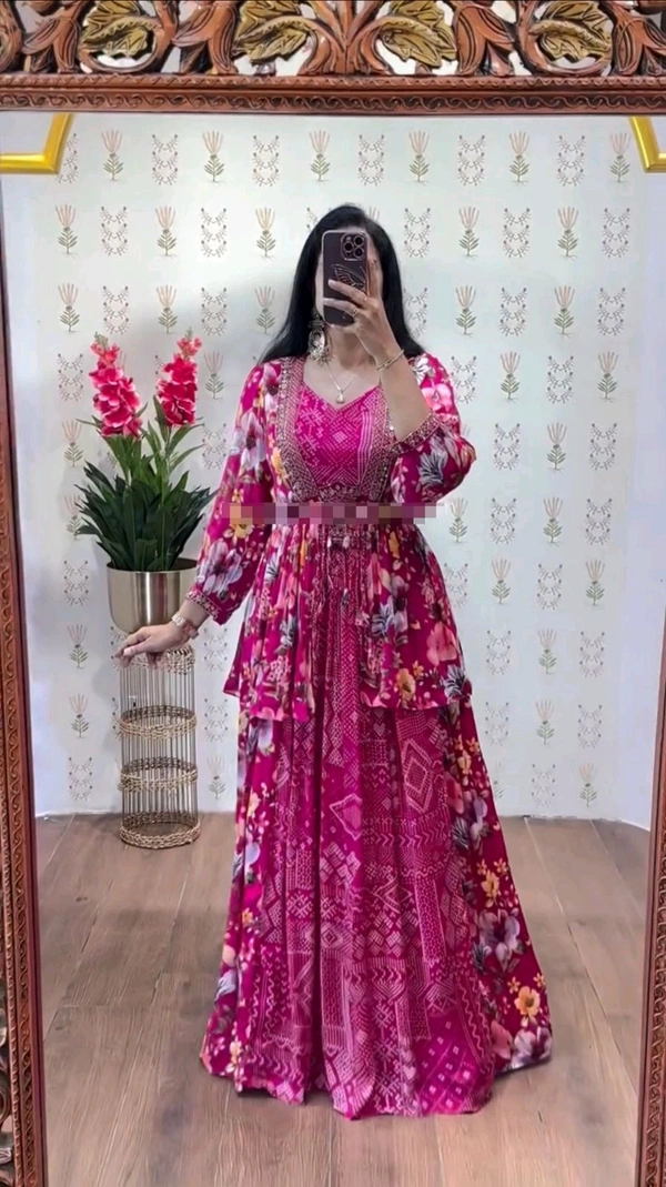 DSS 5804 new  Launching Festival Special Chinon  Crop Top with Shrug With Embroidery Thread Work  - Pink, M-38