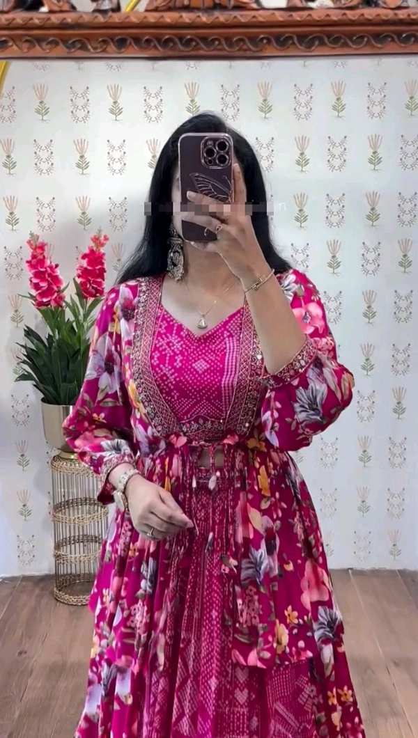 DSS 5804 new  Launching Festival Special Chinon  Crop Top with Shrug With Embroidery Thread Work  - Pink, M-38
