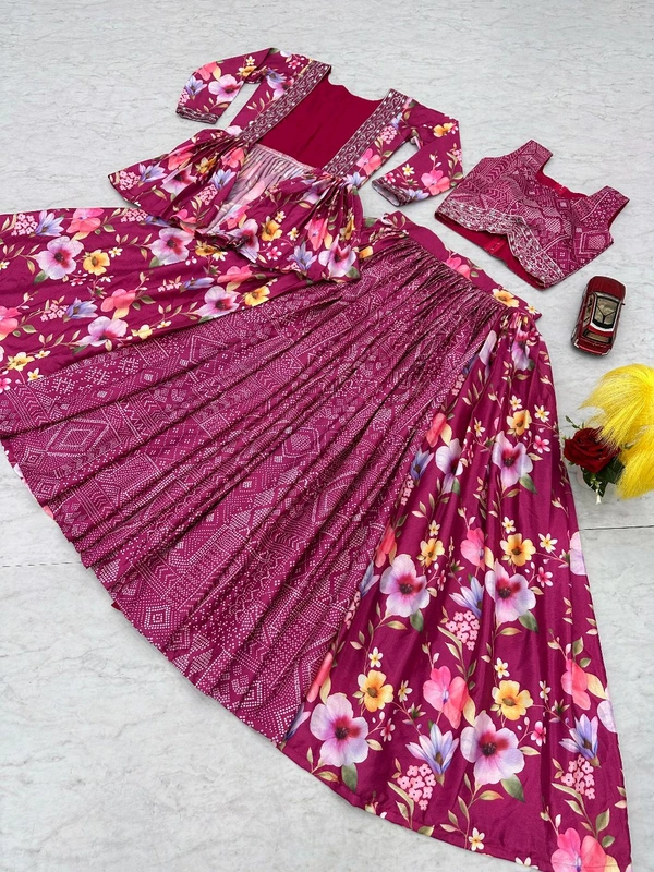 DSS 5804 new  Launching Festival Special Chinon  Crop Top with Shrug With Embroidery Thread Work  - Pink, M-38