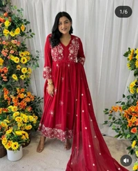 LCW 5805 New Style Pure Heavy reyon Sequence Work Kurti with Pant with Dupatta - Red, L-40