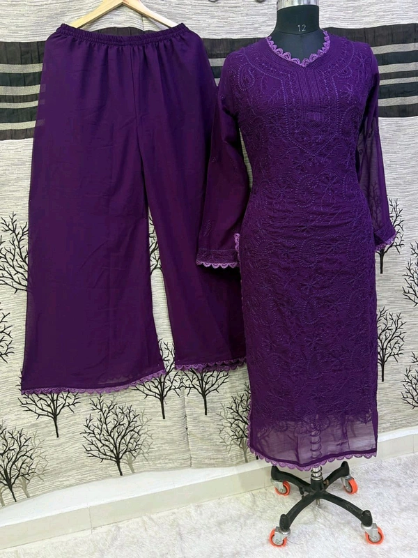 SF5  5806 HAVY FOX GERGETT KURTI PANT SET  CHAIN WORKBEAUTIFULL LEACE  - Purple, S-36