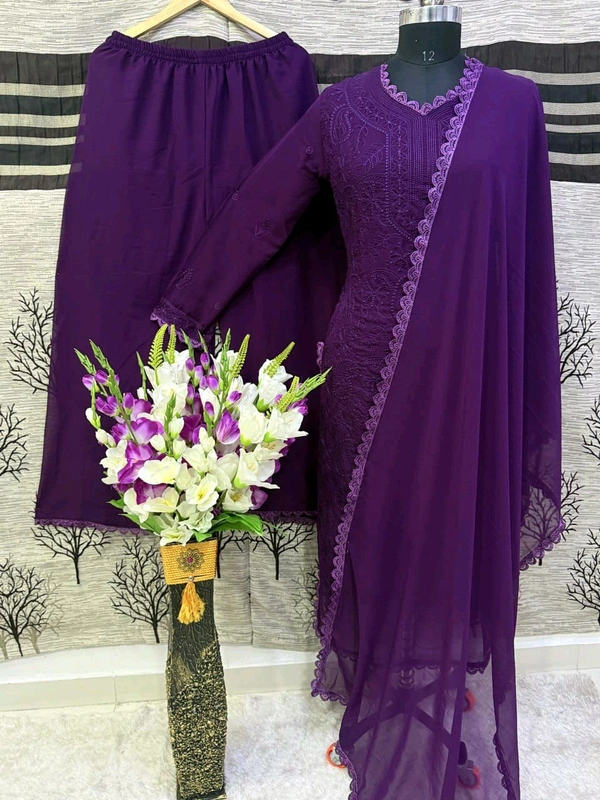 SF5  5806 HAVY FOX GERGETT KURTI PANT SET  CHAIN WORKBEAUTIFULL LEACE  - Purple, L-40