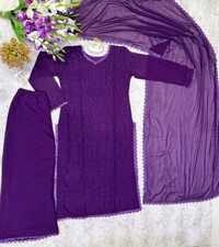SF5  5806 HAVY FOX GERGETT KURTI PANT SET  CHAIN WORKBEAUTIFULL LEACE  - Purple, L-40