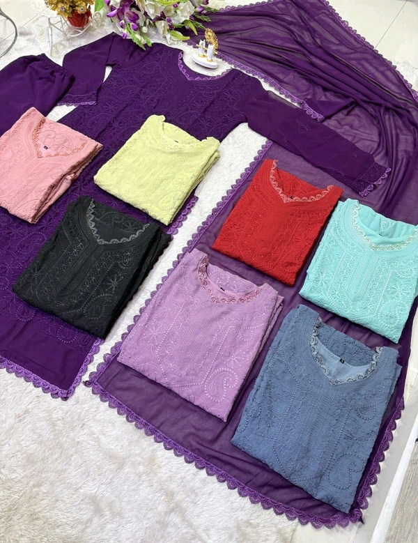 SF5  5806 HAVY FOX GERGETT KURTI PANT SET  CHAIN WORKBEAUTIFULL LEACE  - Purple, L-40