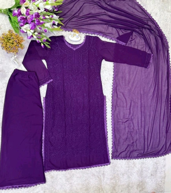 SF5  5806 HAVY FOX GERGETT KURTI PANT SET  CHAIN WORKBEAUTIFULL LEACE  - Purple, 2XL-44