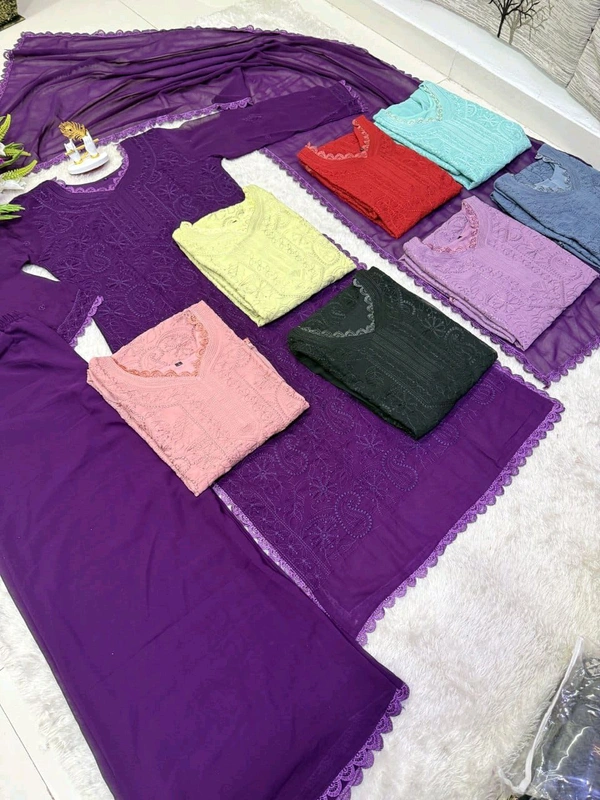 SF5  5806 HAVY FOX GERGETT KURTI PANT SET  CHAIN WORKBEAUTIFULL LEACE  - Purple, 2XL-44