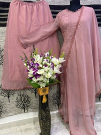 SF5  5806 HAVY FOX GERGETT KURTI PANT SET  CHAIN WORKBEAUTIFULL LEACE  - Blush Pink, S-36