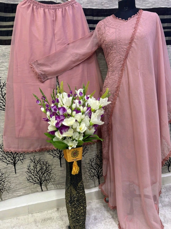 SF5  5806 HAVY FOX GERGETT KURTI PANT SET  CHAIN WORKBEAUTIFULL LEACE  - Blush Pink, S-36