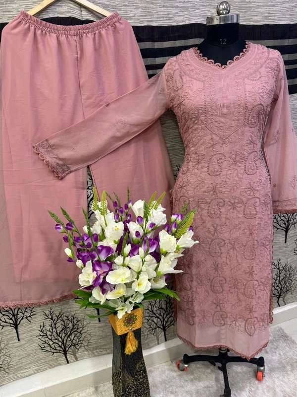 SF5  5806 HAVY FOX GERGETT KURTI PANT SET  CHAIN WORKBEAUTIFULL LEACE  - Blush Pink, XL-42