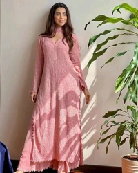 SF5  5806 HAVY FOX GERGETT KURTI PANT SET  CHAIN WORKBEAUTIFULL LEACE  - Blush Pink, XL-42