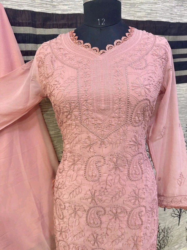 SF5  5806 HAVY FOX GERGETT KURTI PANT SET  CHAIN WORKBEAUTIFULL LEACE  - Blush Pink, XL-42