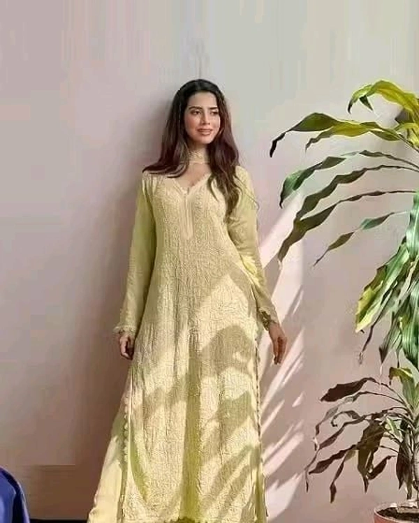 SF5  5806 HAVY FOX GERGETT KURTI PANT SET  CHAIN WORKBEAUTIFULL LEACE  - Yellow, S-36