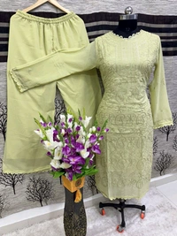 SF5  5806 HAVY FOX GERGETT KURTI PANT SET  CHAIN WORKBEAUTIFULL LEACE  - Yellow, L-40