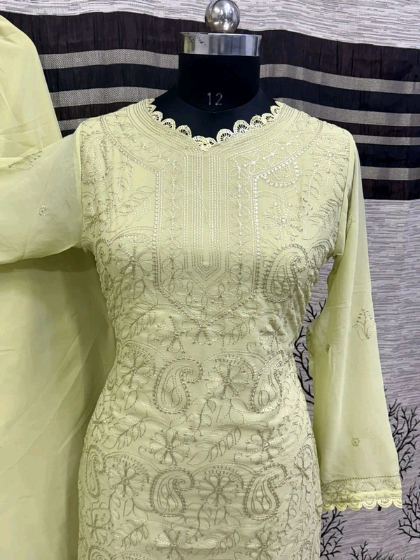 SF5  5806 HAVY FOX GERGETT KURTI PANT SET  CHAIN WORKBEAUTIFULL LEACE  - Yellow, L-40