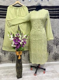 SF5  5806 HAVY FOX GERGETT KURTI PANT SET  CHAIN WORKBEAUTIFULL LEACE  - Yellow, XL-42