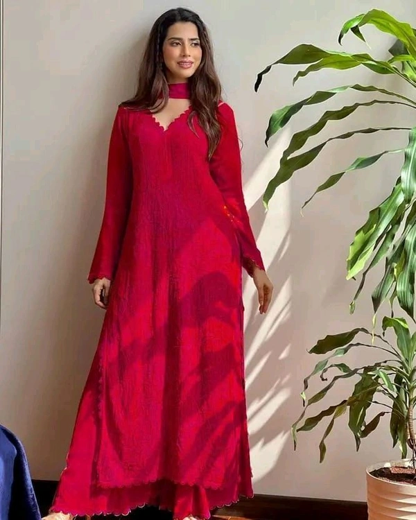 SF5  5806 HAVY FOX GERGETT KURTI PANT SET  CHAIN WORKBEAUTIFULL LEACE  - Red, M-38