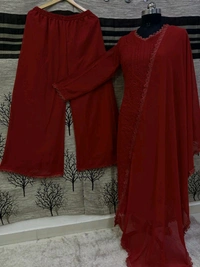 SF5  5806 HAVY FOX GERGETT KURTI PANT SET  CHAIN WORKBEAUTIFULL LEACE  - Red, M-38