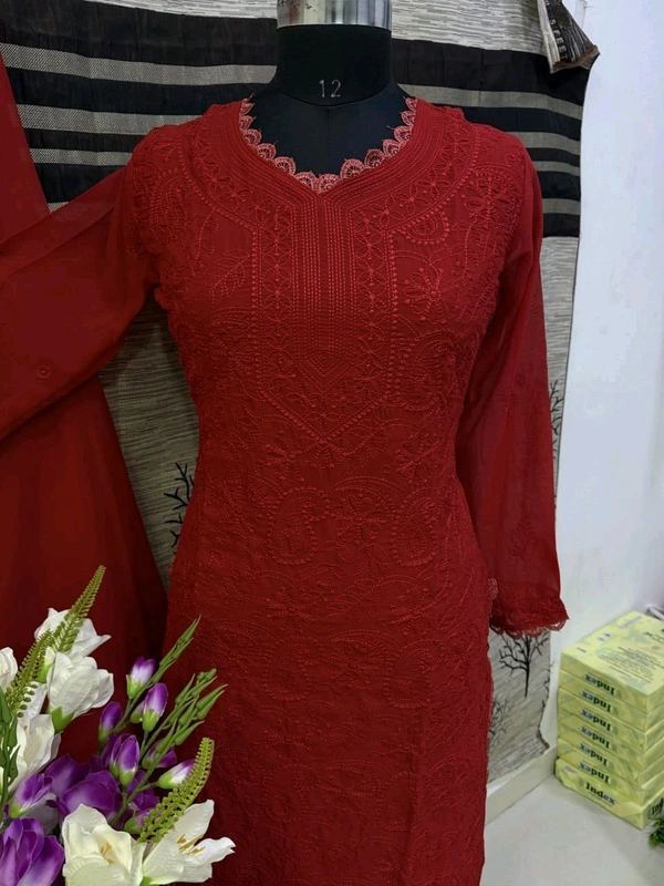 SF5  5806 HAVY FOX GERGETT KURTI PANT SET  CHAIN WORKBEAUTIFULL LEACE  - Red, M-38